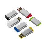 A collection of six rectangular flash drives in silver with coloured caps, including black, red, green, blue, and yellow.