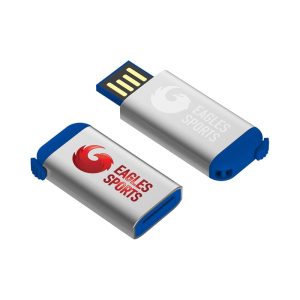 A blue and silver flash drive featuring a logo on both sides. It has a USB connection for data transfer.