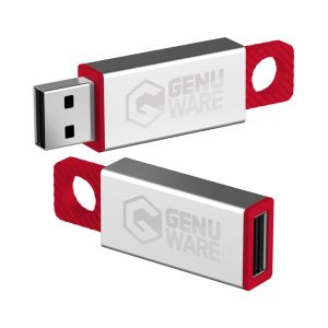 A silver and red flash drive with a branding logo, featuring a USB connector and a keyring loop.