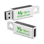 A silver and black USB flash drive featuring a logo and a keyring hole for attachment.