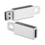 A silver Brampton flash drive with a sleek design, featuring a USB connector and a looped end for easy attachment.