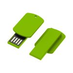 A green flash drive with a sliding mechanism and a hole for attachment, featuring a logo on one side.