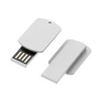 A grey USB flash drive with a hinged cover, featuring a simple design and a loop for attachment.