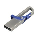 A metallic silver flash drive with a blue clip for easy attachment and storage.