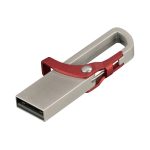 A silver flash drive with a red clip for easy attachment, featuring a logo on the body.