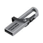 A silver Stratford flash drive with a clip for attachment, featuring a sleek design and branding.