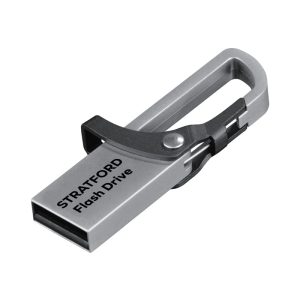 A silver Stratford flash drive with a clip for attachment, featuring a sleek design and branding.