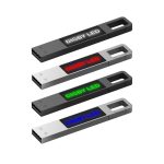 A collection of four Digby LED Flash Drives in black and silver, featuring different LED light colours: red, green, and blue.