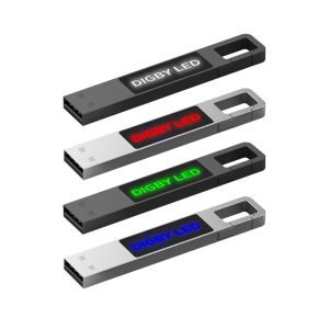 A collection of four Digby LED Flash Drives in black and silver, featuring different LED light colours: red, green, and blue.