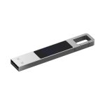 A sleek silver LED flash drive with a rectangular design and a built-in loop for easy attachment.
