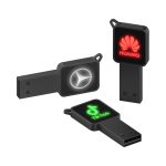 Three black flash drives featuring distinct logos in illuminated designs. Each drive has a USB connector and a different shape.