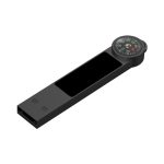 A black Atlas LED Flash Drive with a built-in compass feature. It has a sleek, modern design.
