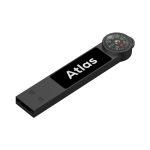 A black Atlas LED flash drive featuring a built-in compass on one end and has a logo printed on the surface.