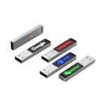 A set of metallic LED flash drives in various colours, featuring multiple logos.