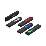 A collection of five black USB flash drives, each featuring different logos in various colours.