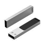 A sleek silver LED flash drive with a smooth design, featuring a black panel and a logo on one side.