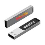 A silver and black USB flash drive featuring a logo on both sides.