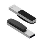 A silver and black Mosman LED flash drive with a sleek design and a rotating cover.
