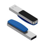A silver and blue Mosman LED flash drive with a black panel and a sliding cover design.