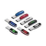 A collection of LED flash drives in various colours, including red, white, blue, and black, featuring multiple logos.