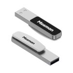 A silver Mosman LED flash drive with a black and white cap, featuring a branding logo.