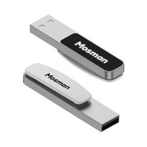 A silver Mosman LED flash drive with a black and white cap, featuring a branding logo.