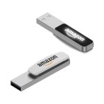 A silver Mosman LED Flash Drive with a black and white design, featuring a logo.