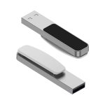 A silver LED flash drive with a black and white design, featuring a sleek and modern profile.