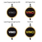 A round LED data charge cable in various printing styles: laser engrave, digital print, and pad print with a wooden finish.