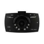 A black dash cam with a circular lens and multiple LED lights, featuring a logo and various input options.