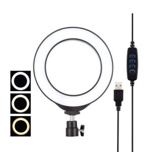 A 6-inch LED halo light in white with a black trim, featuring a USB connection and a control panel.