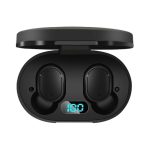 A pair of black wireless earbuds stored in a charging case with a digital display.