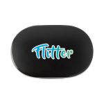 A black charging case for earbuds with a logo on the top, featuring shades of blue and green.