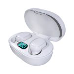 White Hastings Pro TWS Earbuds in a charging case, featuring a digital display and a sleek, compact design.