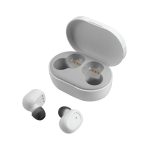 White true wireless stereo earbuds in a charging case, with one earbud placed outside the case.