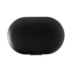 A black charging case for wireless earbuds features a sleek, rounded design and includes a logo.