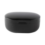 A black charging case for wireless earbuds, featuring a smooth, rounded design.