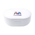 A white charging case for wireless earbuds featuring a multi-coloured logo on the top.