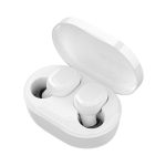 White wireless stereo earbuds sitting in a charging case. The case is also white and has a smooth finish.