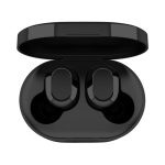 Black wireless stereo earbuds in a charging case, with the case slightly open exposing the earbuds inside.