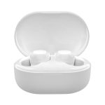 A pair of white true wireless stereo earbuds in a charging case, with the case open.