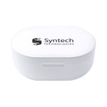 A white storage case for Rapid True Wireless Stereo Earbuds, featuring a logo on the lid.