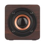 A square speaker with a wood-patterned exterior, featuring a black and copper speaker cone. It has a simple, elegant design.