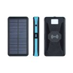 A solar-powered wireless power bank in black and teal, featuring solar panels on one side and a textured surface.