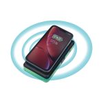 A power bank in black with a smartphone on top, surrounded by a glowing wireless charging effect.