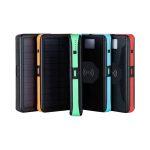A collection of four solar-powered wireless power banks in black, orange, green, blue, and red, featuring branding.