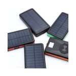 A collection of solar-powered wireless power banks in black, green, red, and orange, featuring a range of designs and a logo.