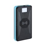 A wireless power bank with a blue and black design featuring a logo and textured surface.