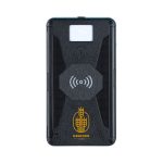 A black solar wireless power bank with a textured surface and an emblem. It features a wireless charging symbol.