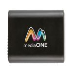 A black wireless charging speaker featuring a colourful logo. Compact design suitable for technology enthusiasts.